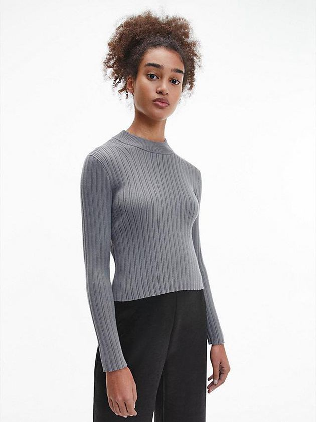 Calvin Klein USA Slim Ribbed Cotton Jumper Womens Sweater Grey 8930154-CA